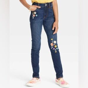 Cat & Jack Girls’ mid rise flower embroidered skinny jeans dark wash size 7